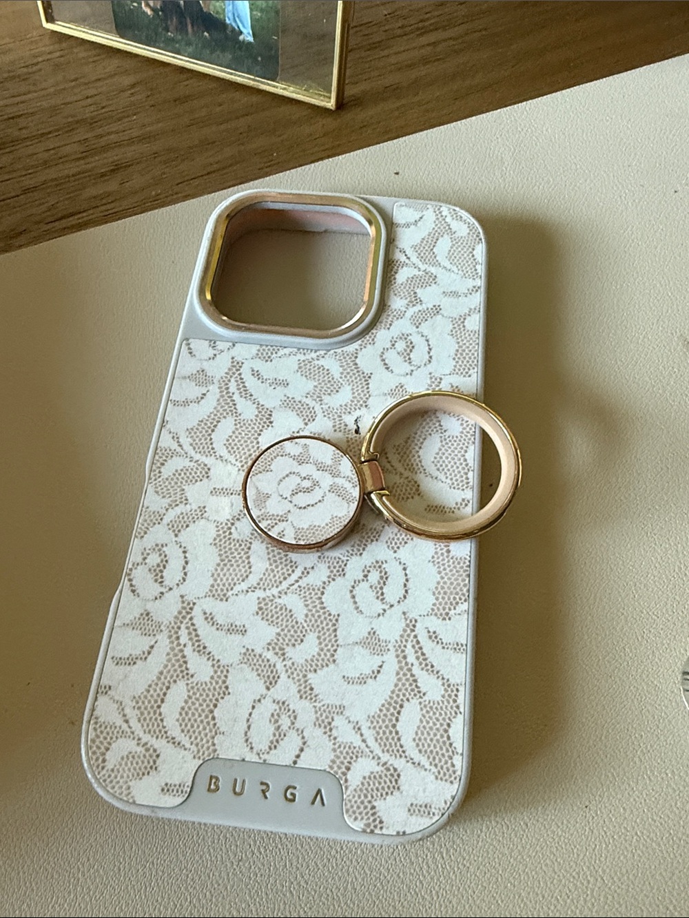 Burga White Lace Phone Case with Gold Ring Grip
